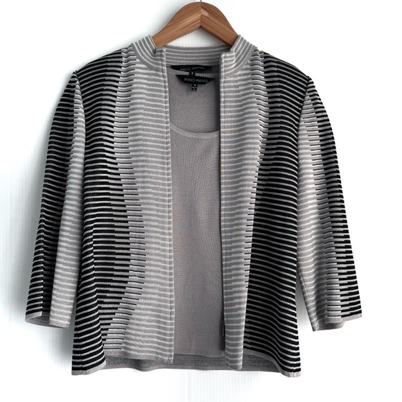 Ming Wang Black and Gray Striped cardigan Sweater w/ matching shell/tank size S - Picture 1 of 13